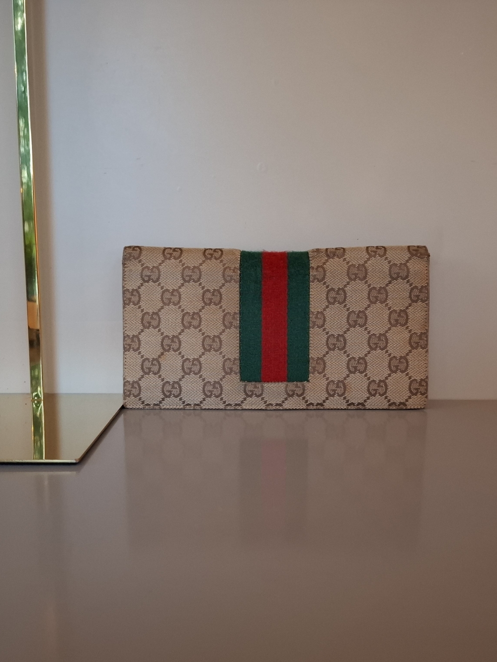 Gucci Beige Monogram Continental Wallet with Green and Red Web